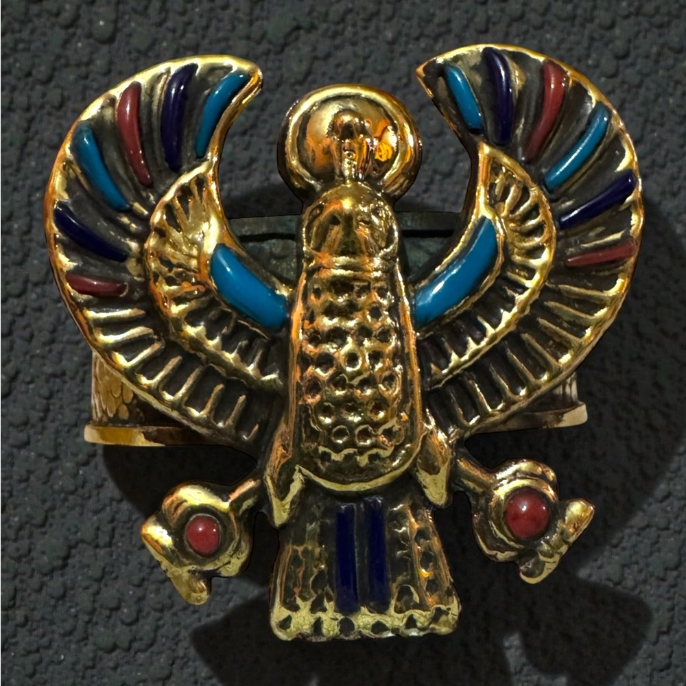 Pharaonic Horus Sky Deity Large Handmade Copper Cuff With Precious Stones. New. - Picture 2 of 11